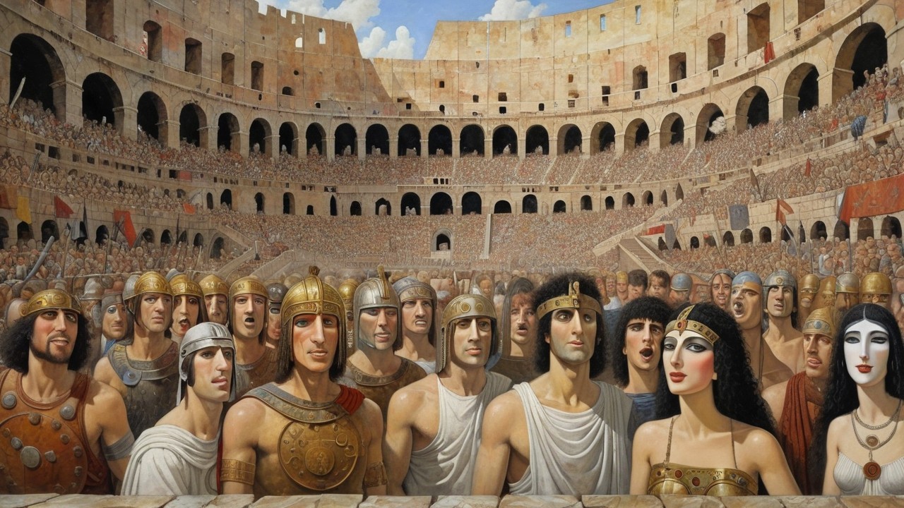 Massive Roman Gladiator Stadium with Spectators and Gladiators