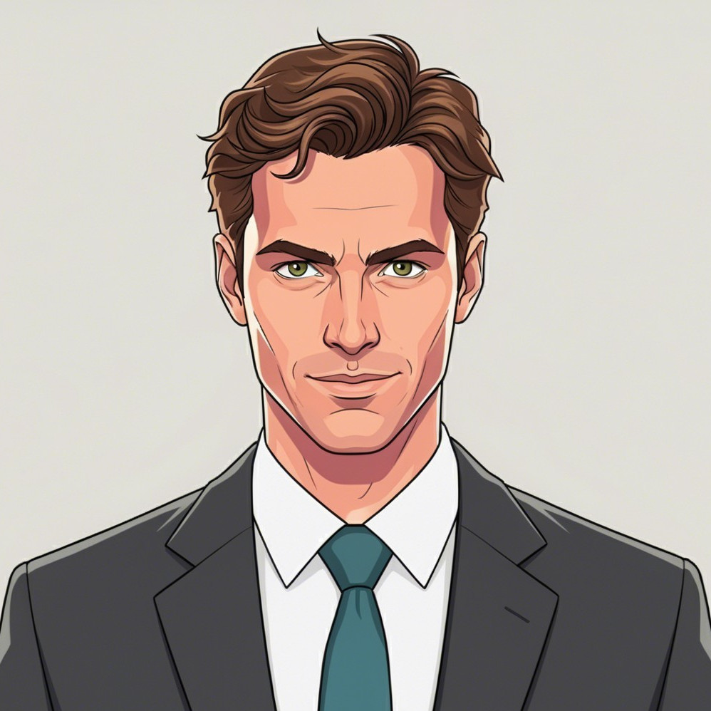 Confident Man in Black Suit with Teal Tie Illustration