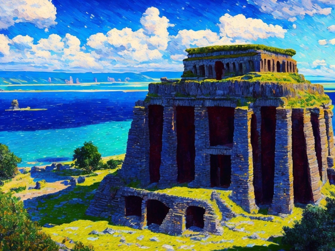 Ancient Stone Structure Amidst Lush Greenery and Water
