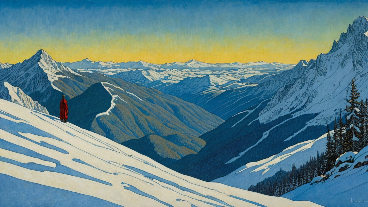 Winter Landscape with Snow-Covered Mountains and Sky