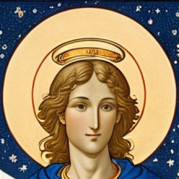 Serene figure with flowing hair in celestial setting
