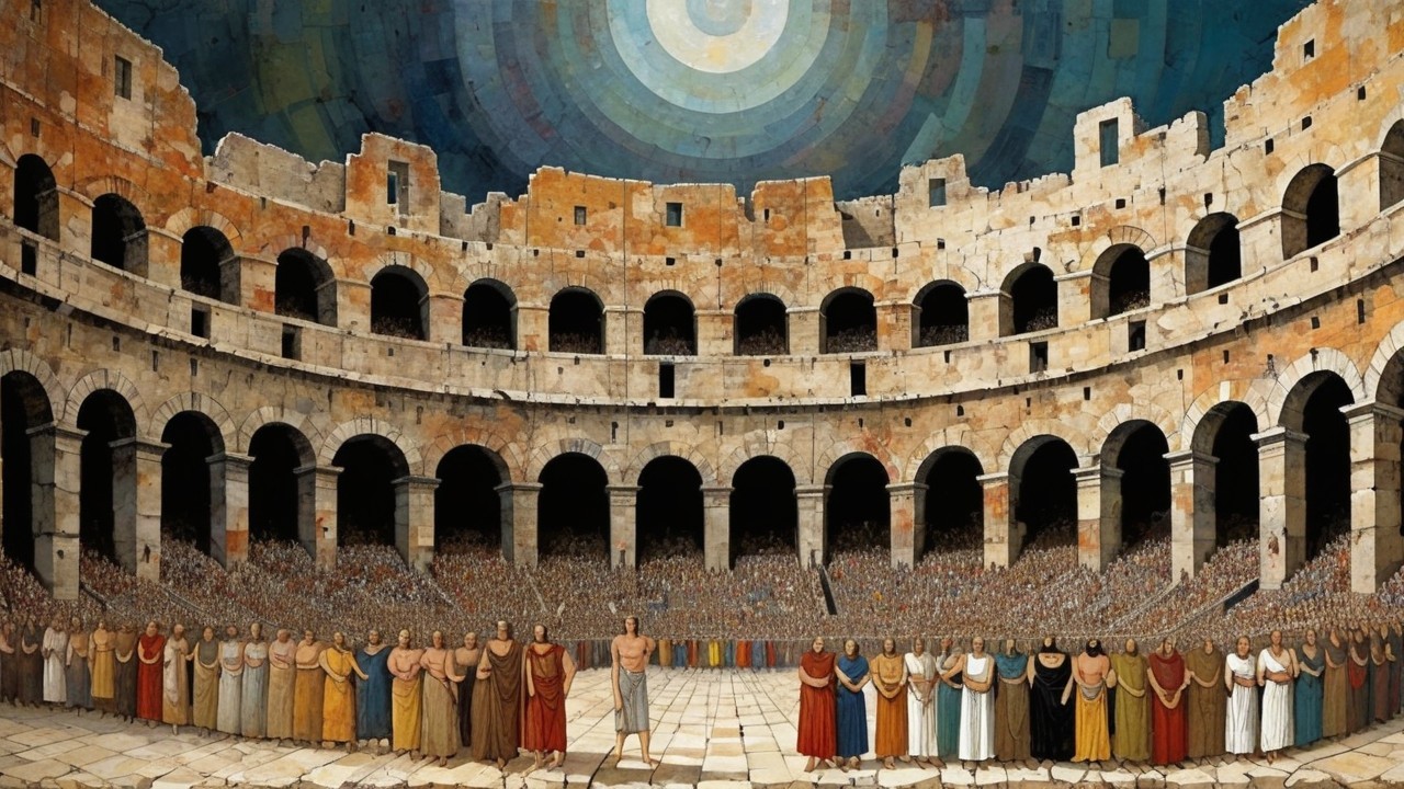 Ancient Roman Amphitheater with Spectators and Sky Design