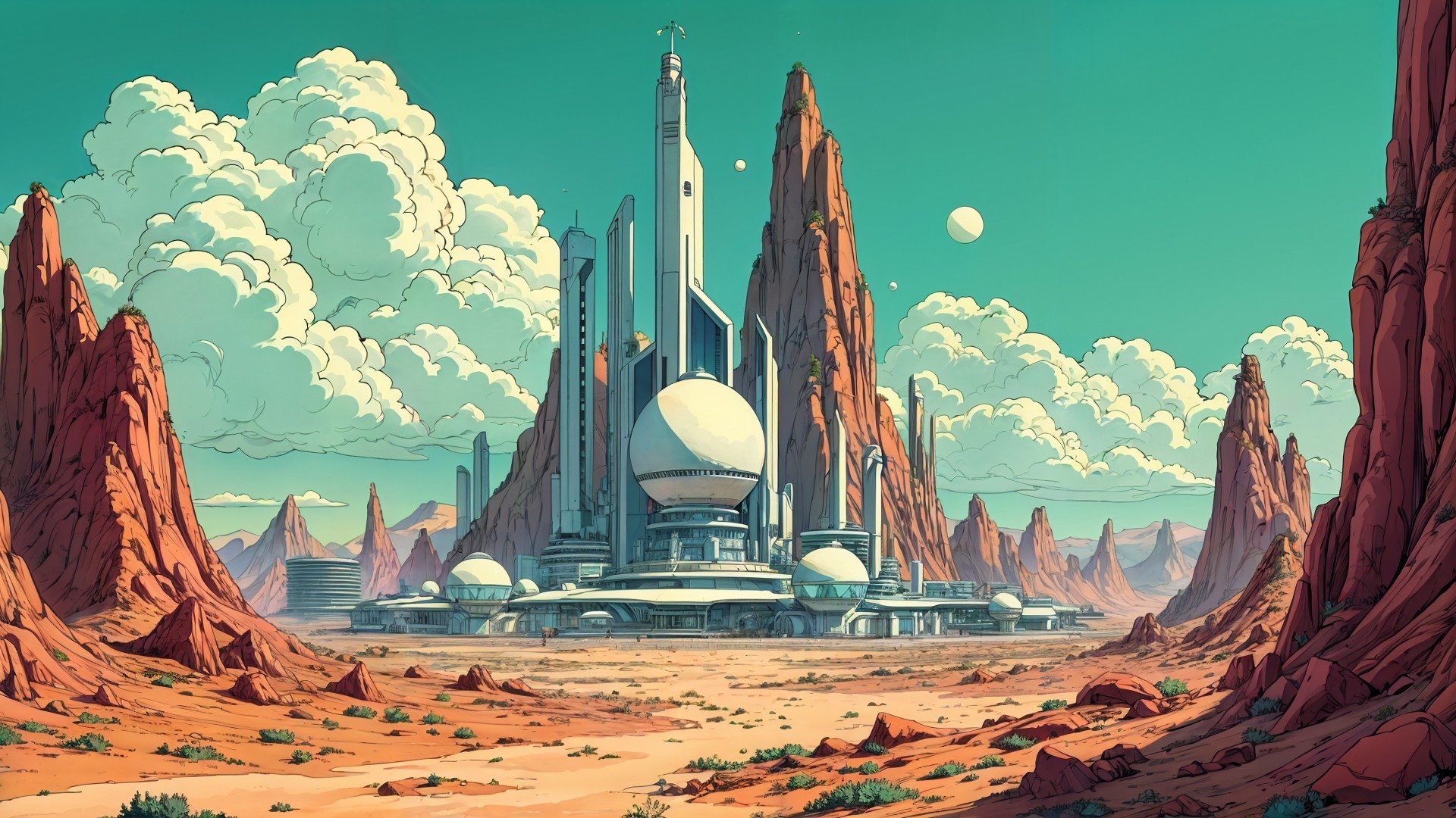 Futuristic landscape with sci-fi complex and red rocks