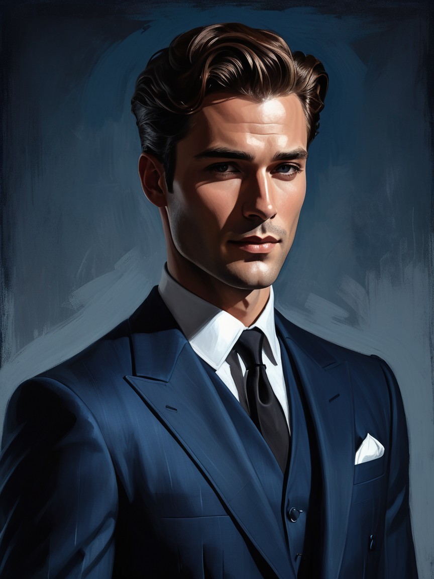 Confident Young Man in Sharp Blue Suit and Black Tie
