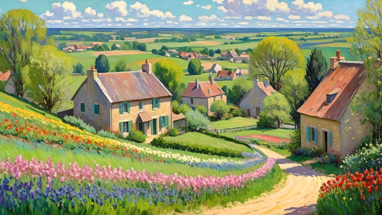 Picturesque Countryside with Colorful Cottages and Flowers