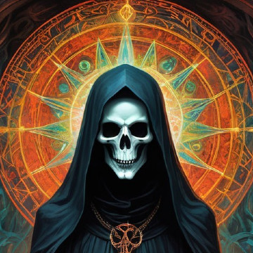 Cloaked Figure with Skull Face and Radiant Mandala