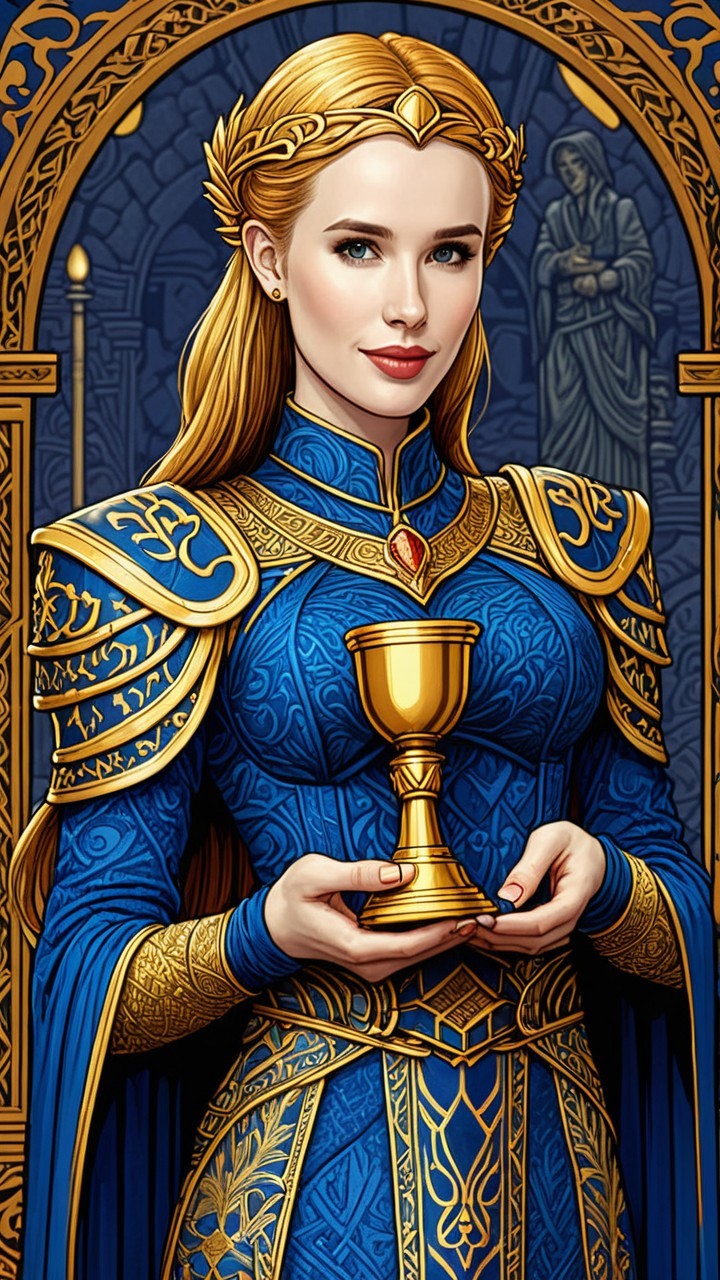 Regal Figure in Blue and Gold Embroidered Gown