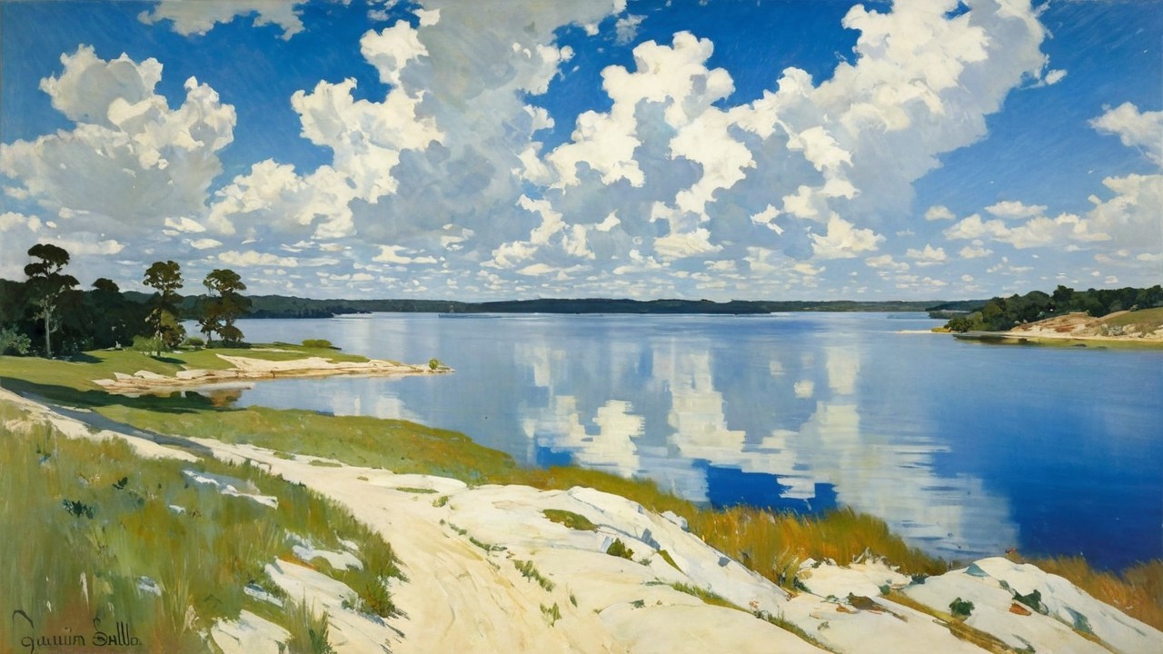 Serene Lakeside Landscape with Blue Sky and Greenery
