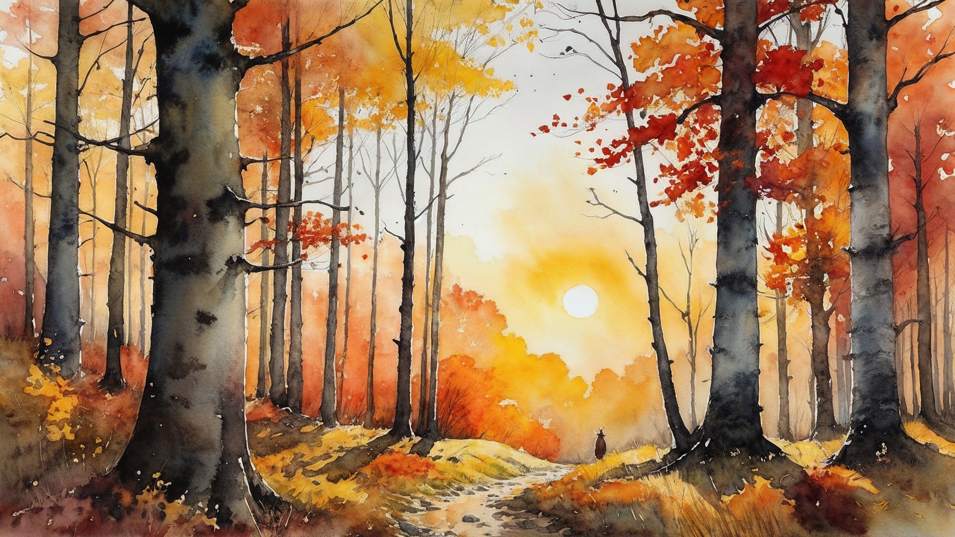 Serene Autumn Landscape in Watercolor Art
