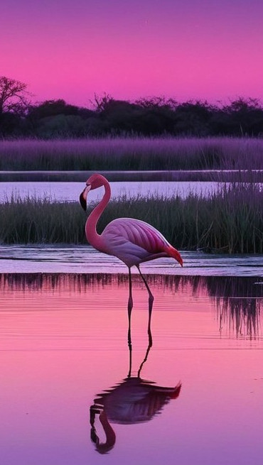 Flamingo at Sunset in Serene Water Setting
