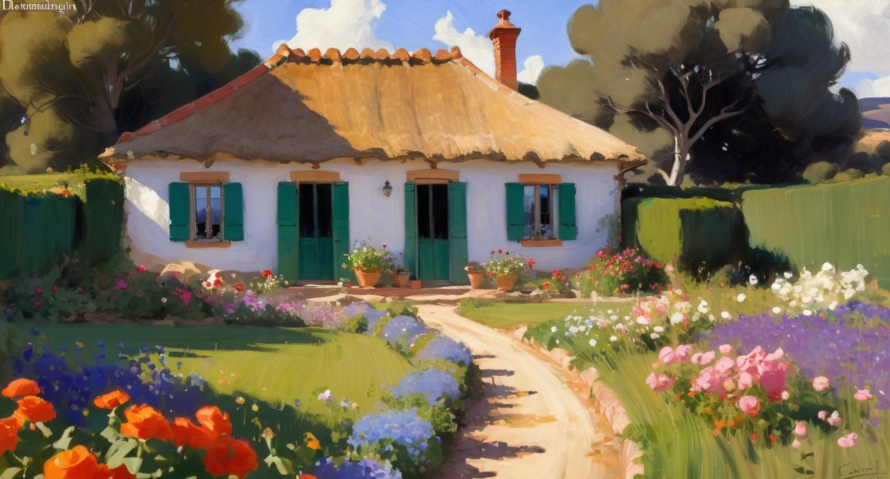 Charming Cottage with Thatched Roof and Lush Garden