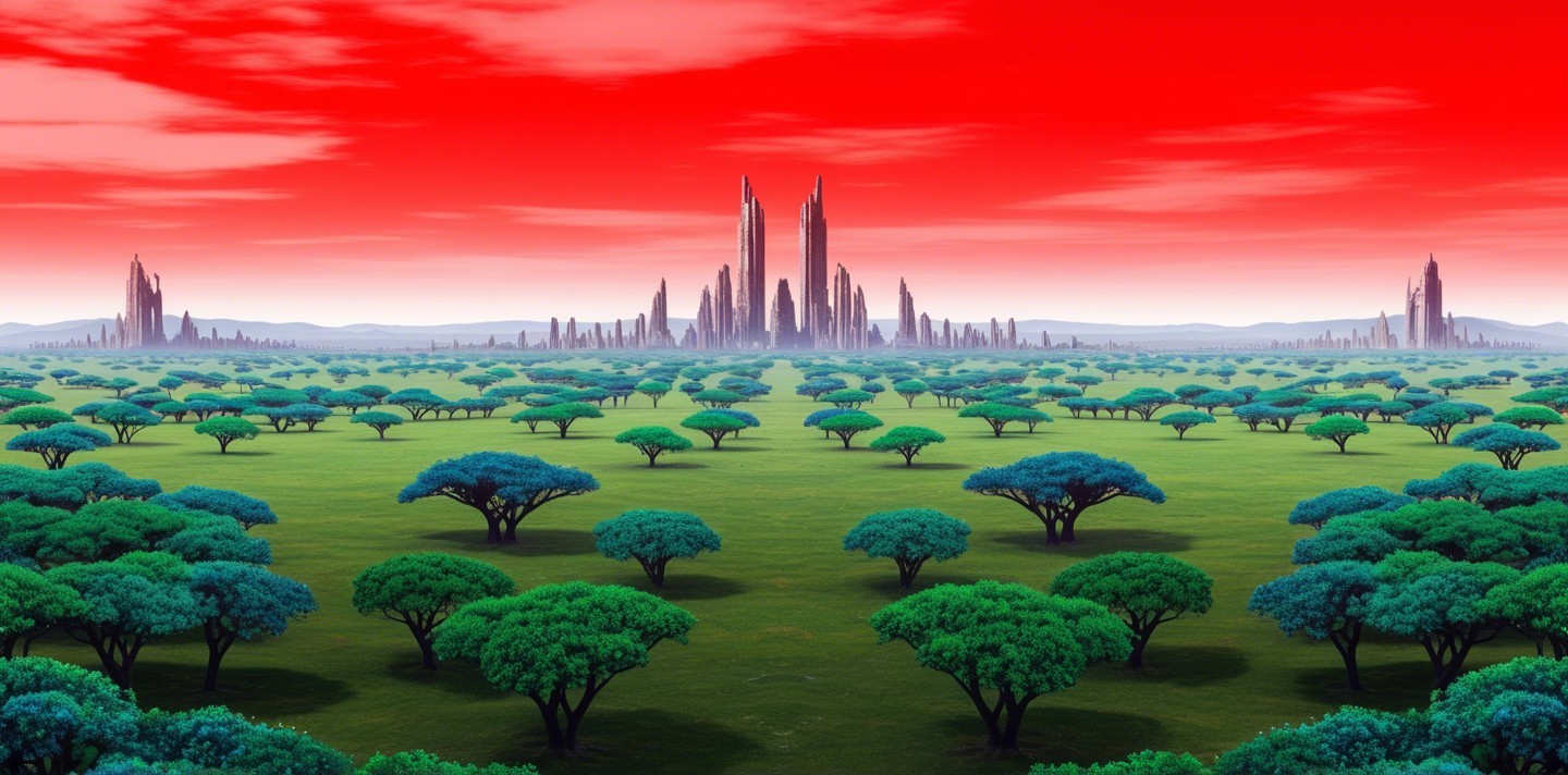 Surreal Landscape with Red Sky and Green Trees