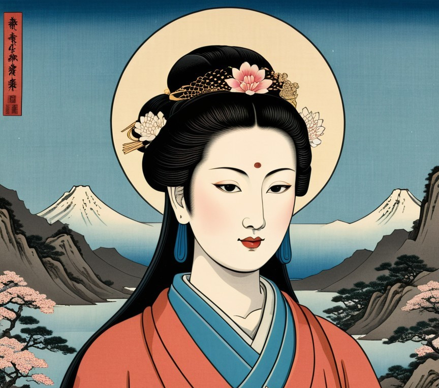 Serene Woman in Traditional Attire with Scenic Backdrop