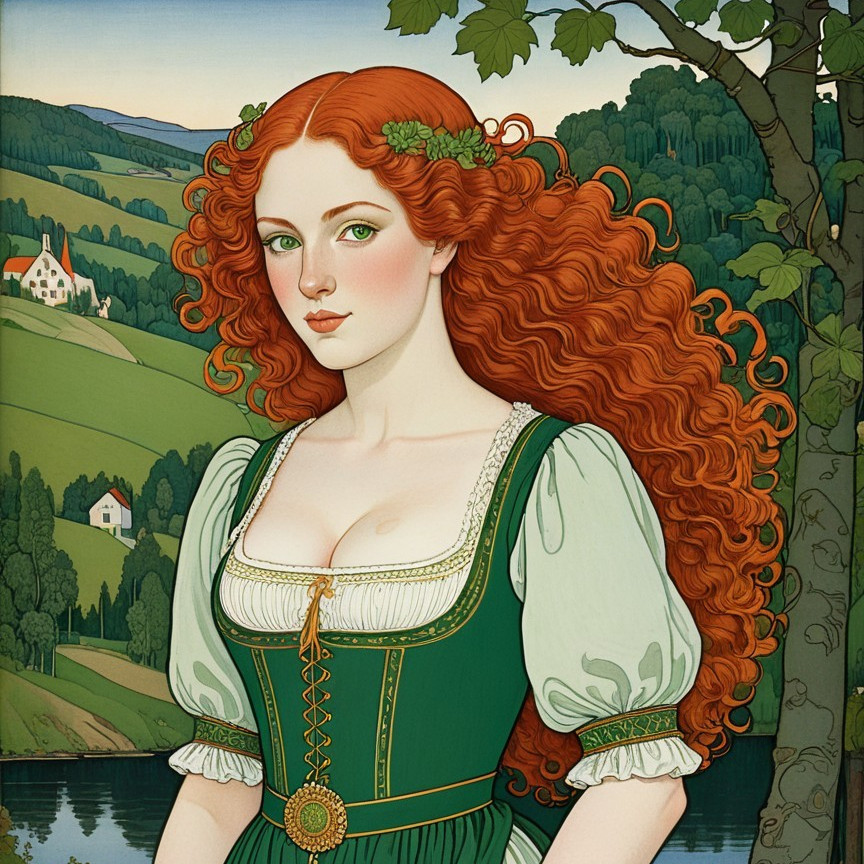 Young woman in medieval green dress with red curls