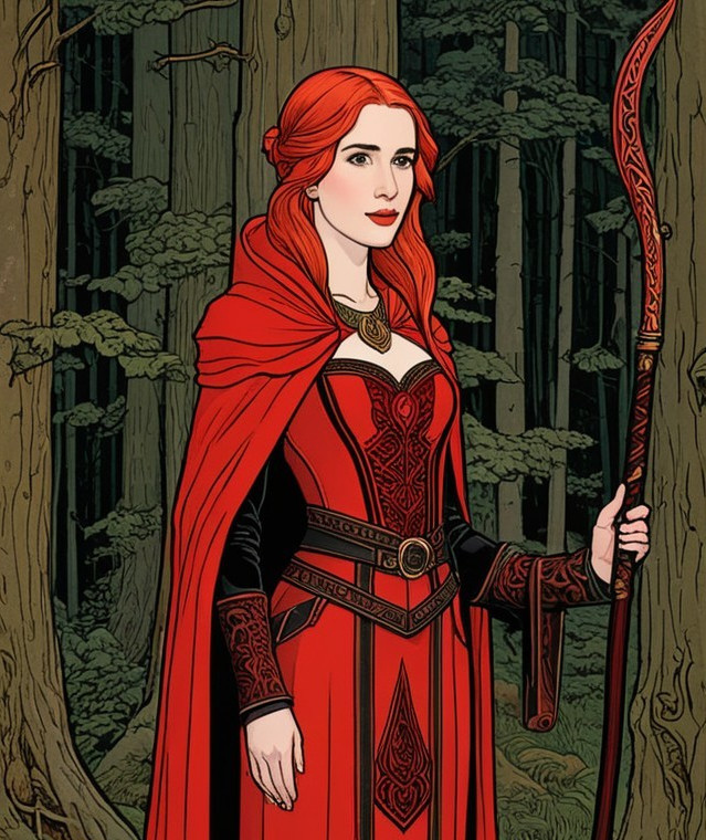 Regal Figure in Red Gown in Dense Forest Setting