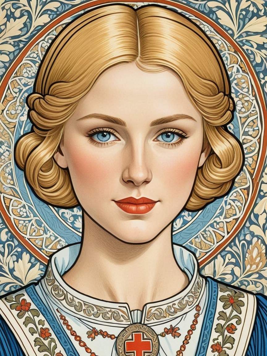 Young woman in blue and white garment with floral background