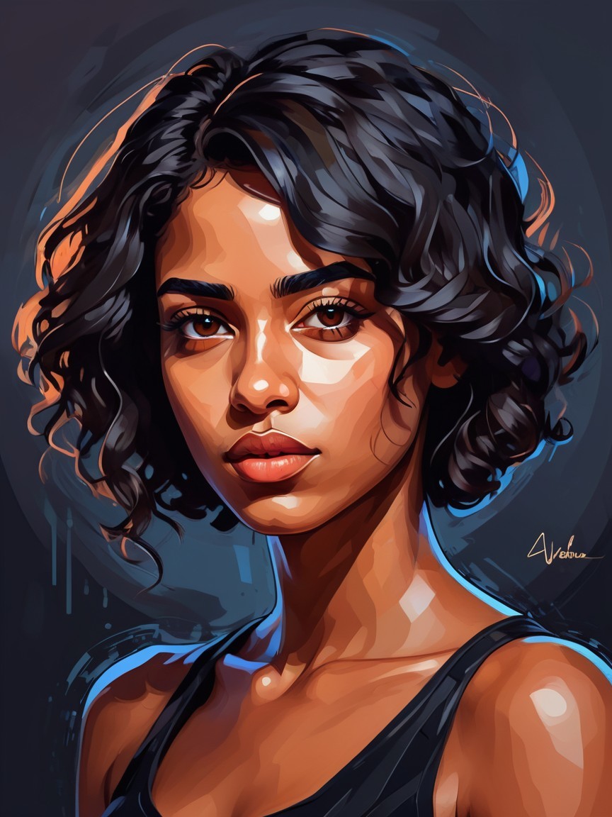 Portrait of a Young Woman with Curly Hair and Expression