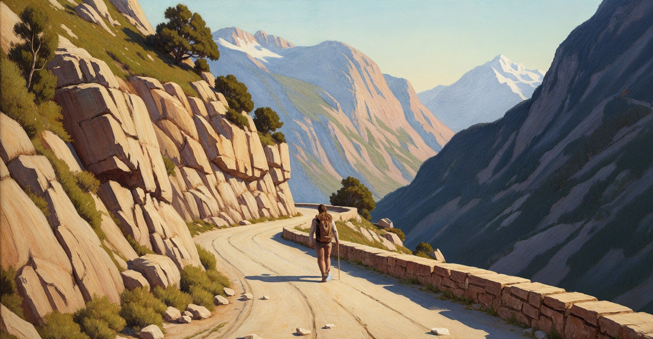 Serene Mountain Landscape with Winding Road and Hiker