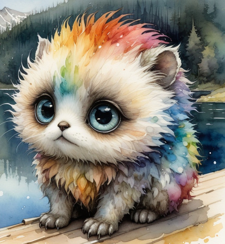 Colorful Fluffy Creature by a Serene Lake Scene