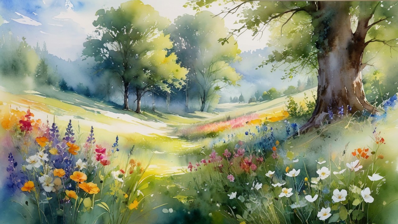 Serene Landscape with Sunlit Meadow and Wildflowers