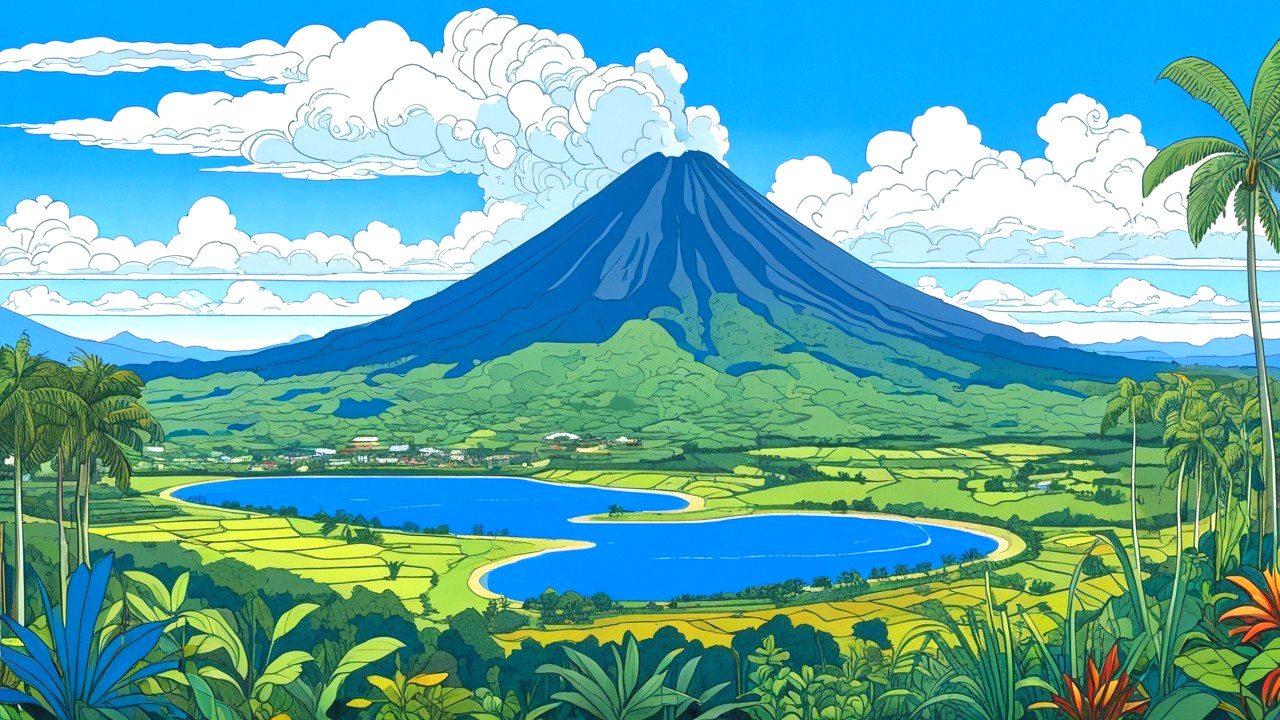 Vibrant Animated Landscape with Majestic Volcano
