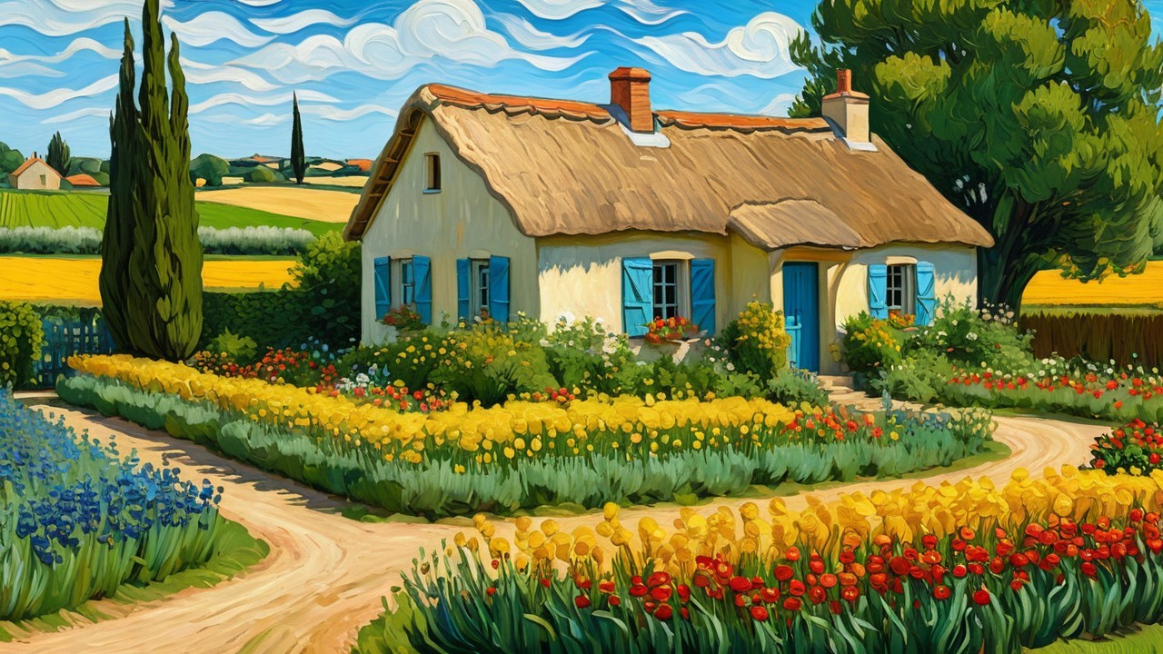 Charming Cottage Surrounded by Colorful Garden