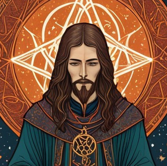 Mystical Figure in Ornate Robe Surrounded by Symbols