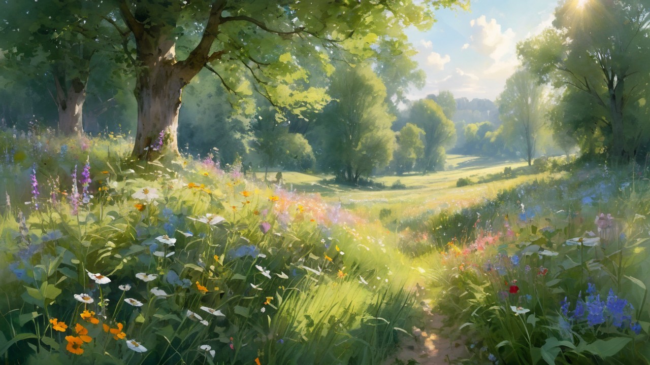 Vibrant Meadow with Wildflowers and Lush Trees