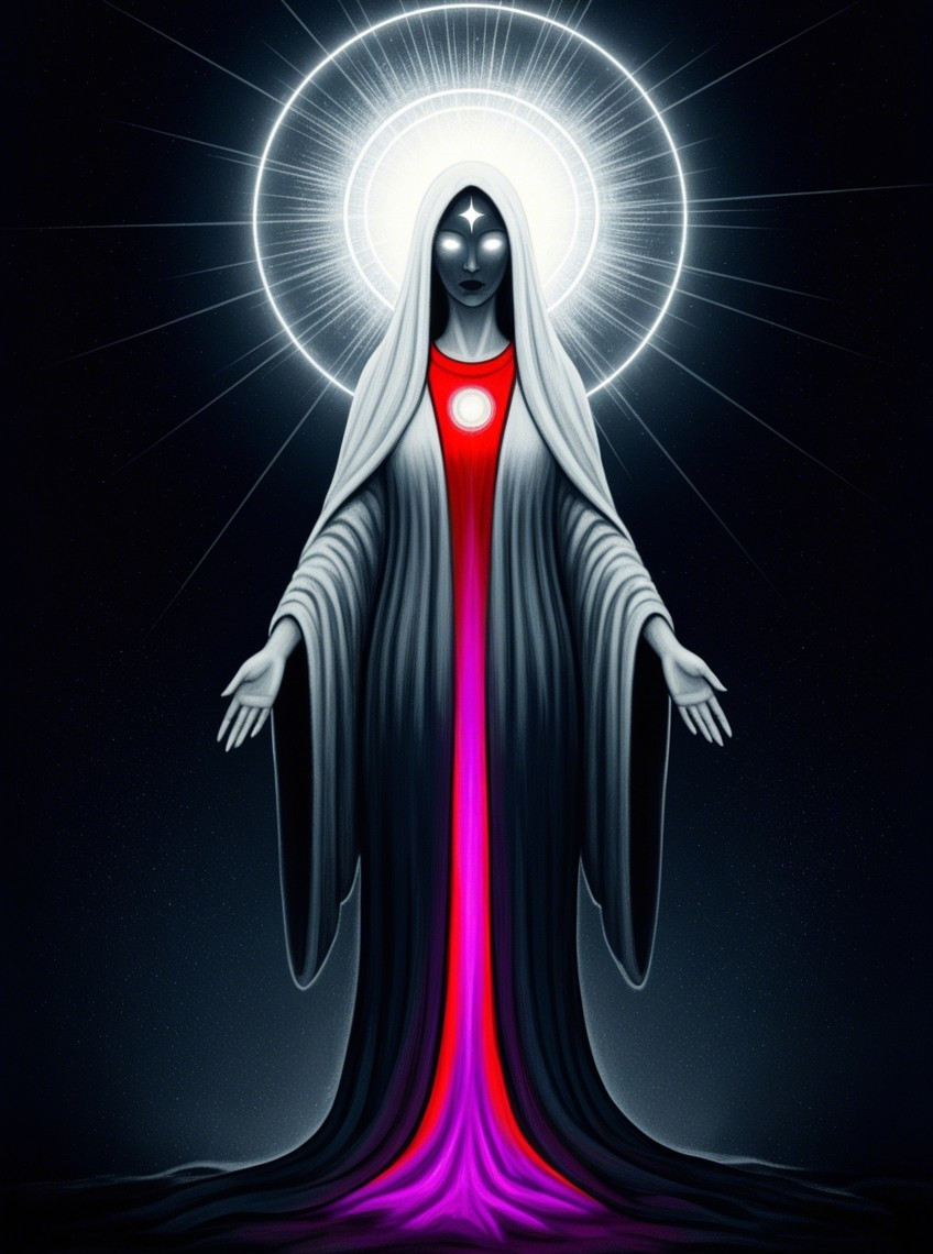 Mystical figure in flowing robes with ethereal lights