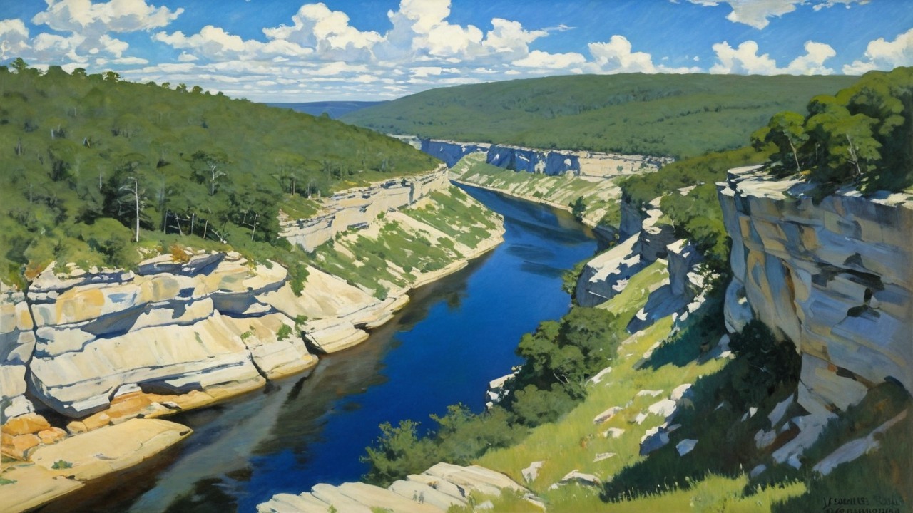 Landscape Painting of River in Canyon with Cliffs