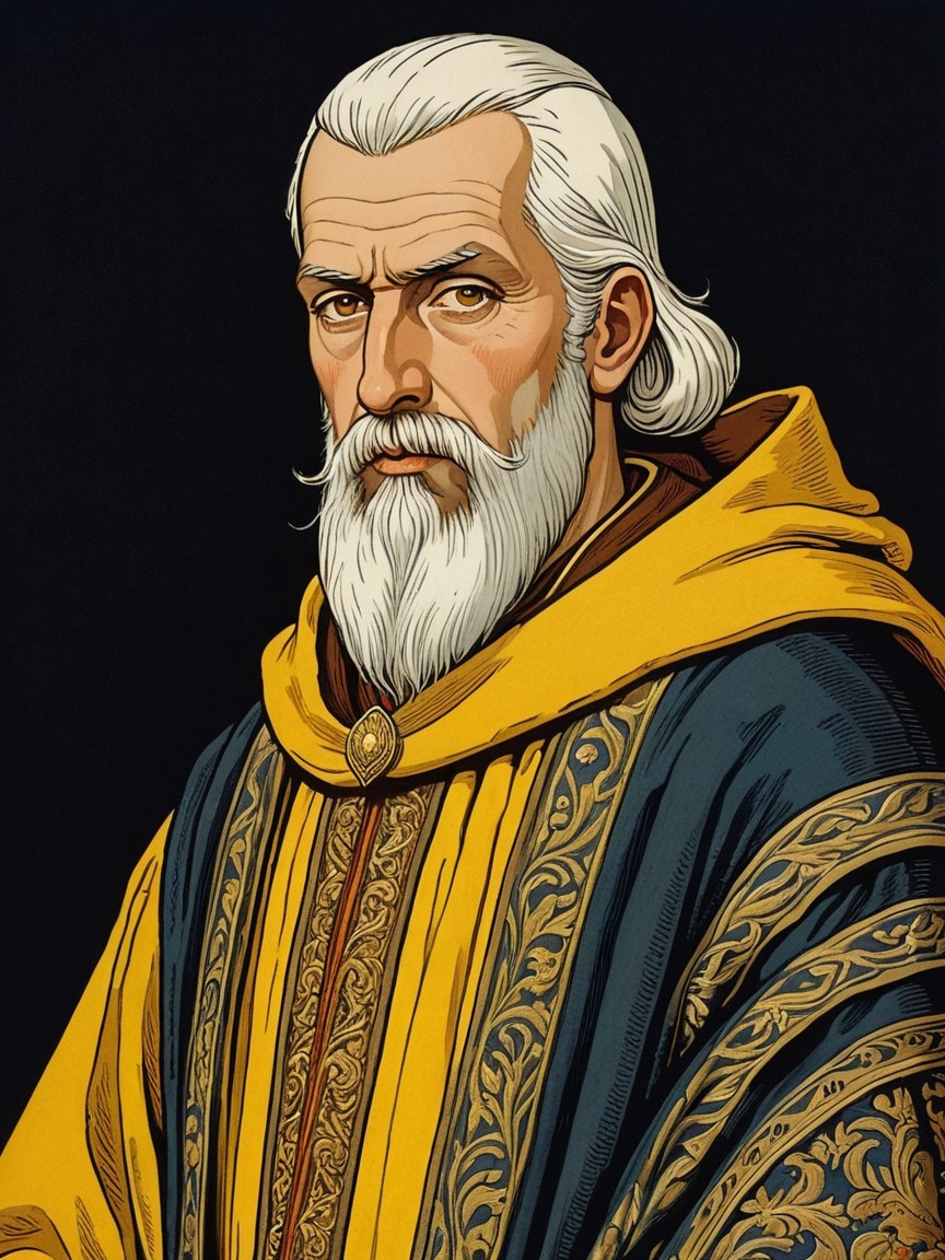 Older man with long white hair in ornate cloak