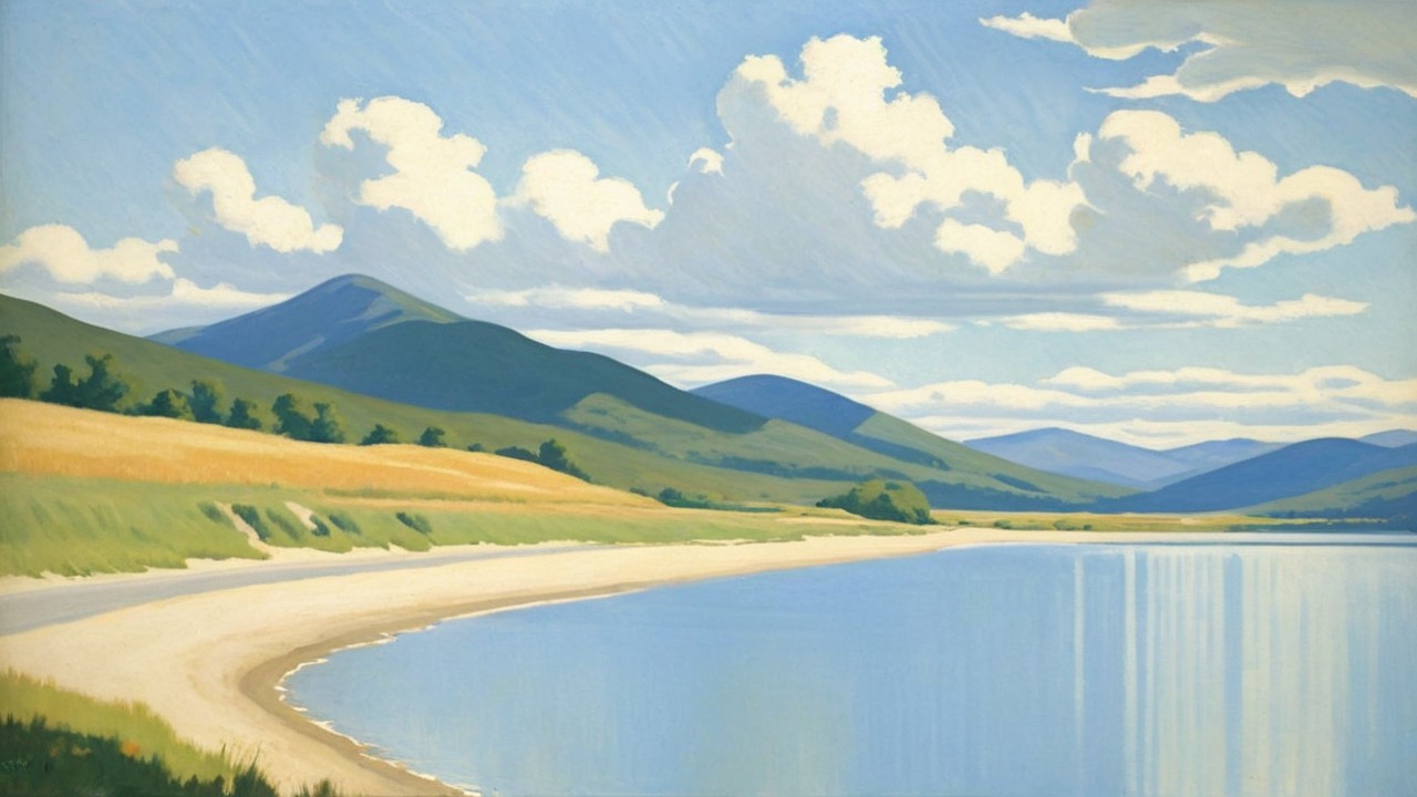 Serene Landscape with Water, Hills, and Clouds