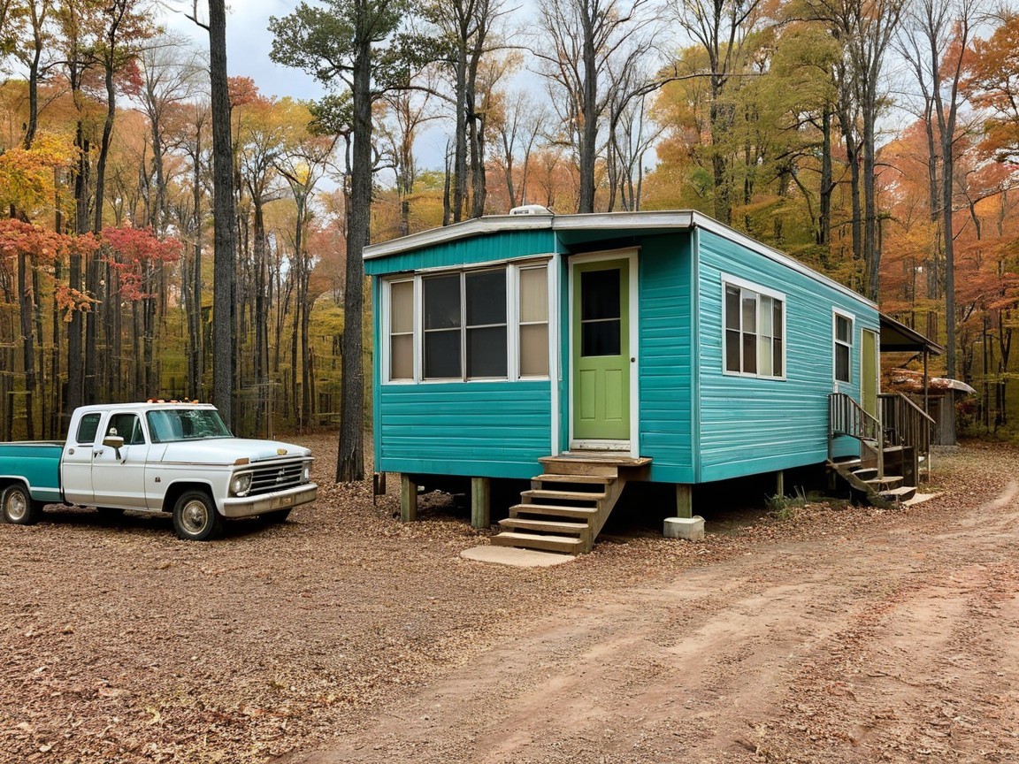 Teal Mobile Home Surrounded by Autumn Trees
