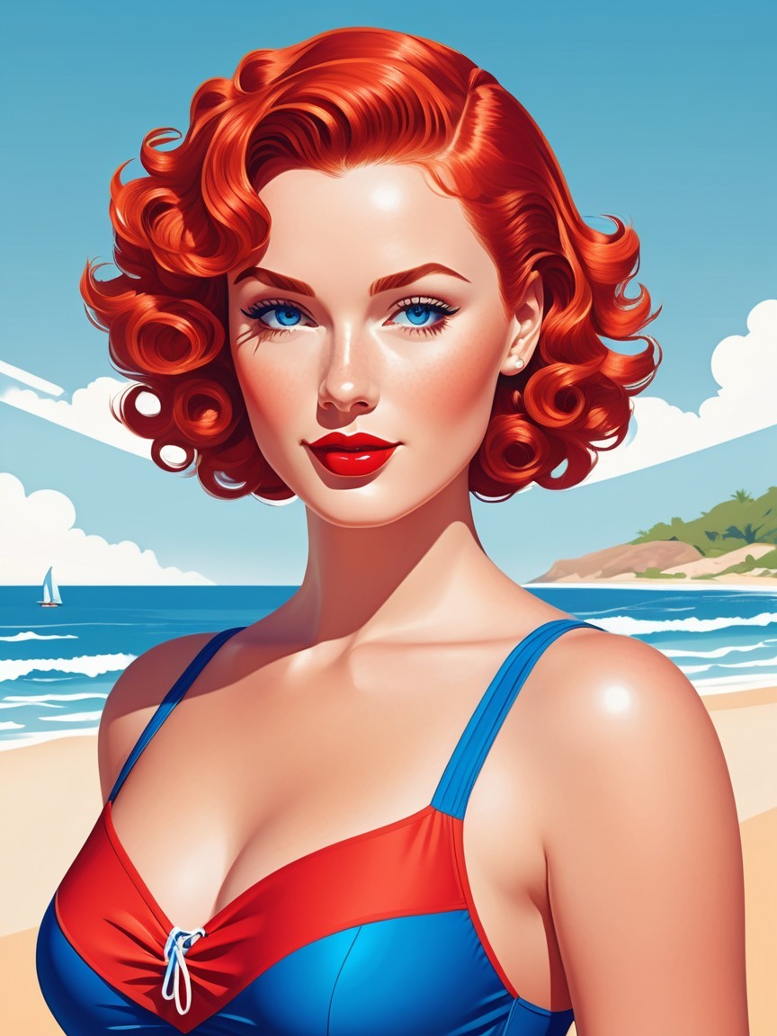Retro Beach Illustration of Woman with Curly Hair
