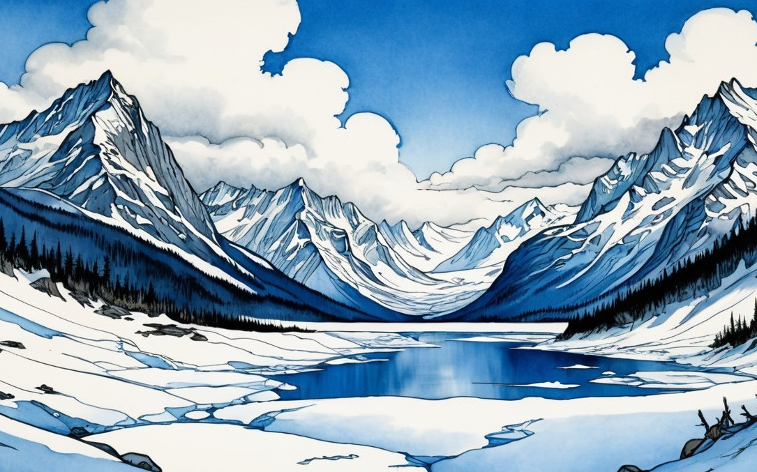 Serene Landscape of Snow-Capped Mountains and Lake