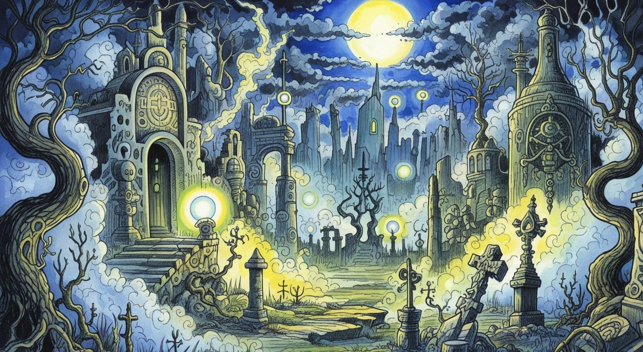 Eerie Graveyard Scene with Mist and Full Moon