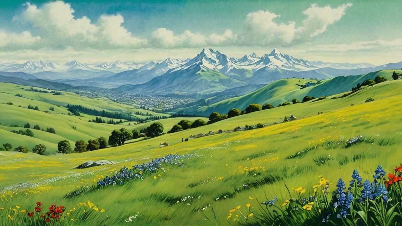 Vibrant Landscape of Hills, Flowers, and Mountains