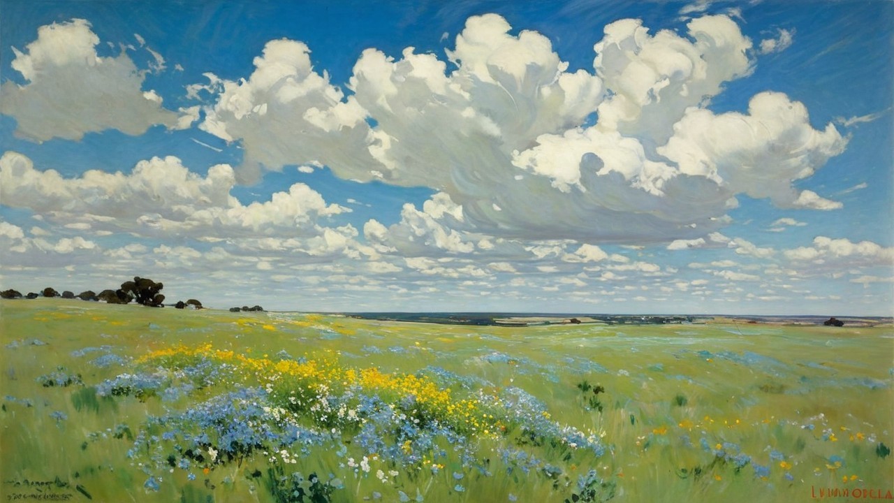 Vibrant Landscape with Grassy Field and Wildflowers
