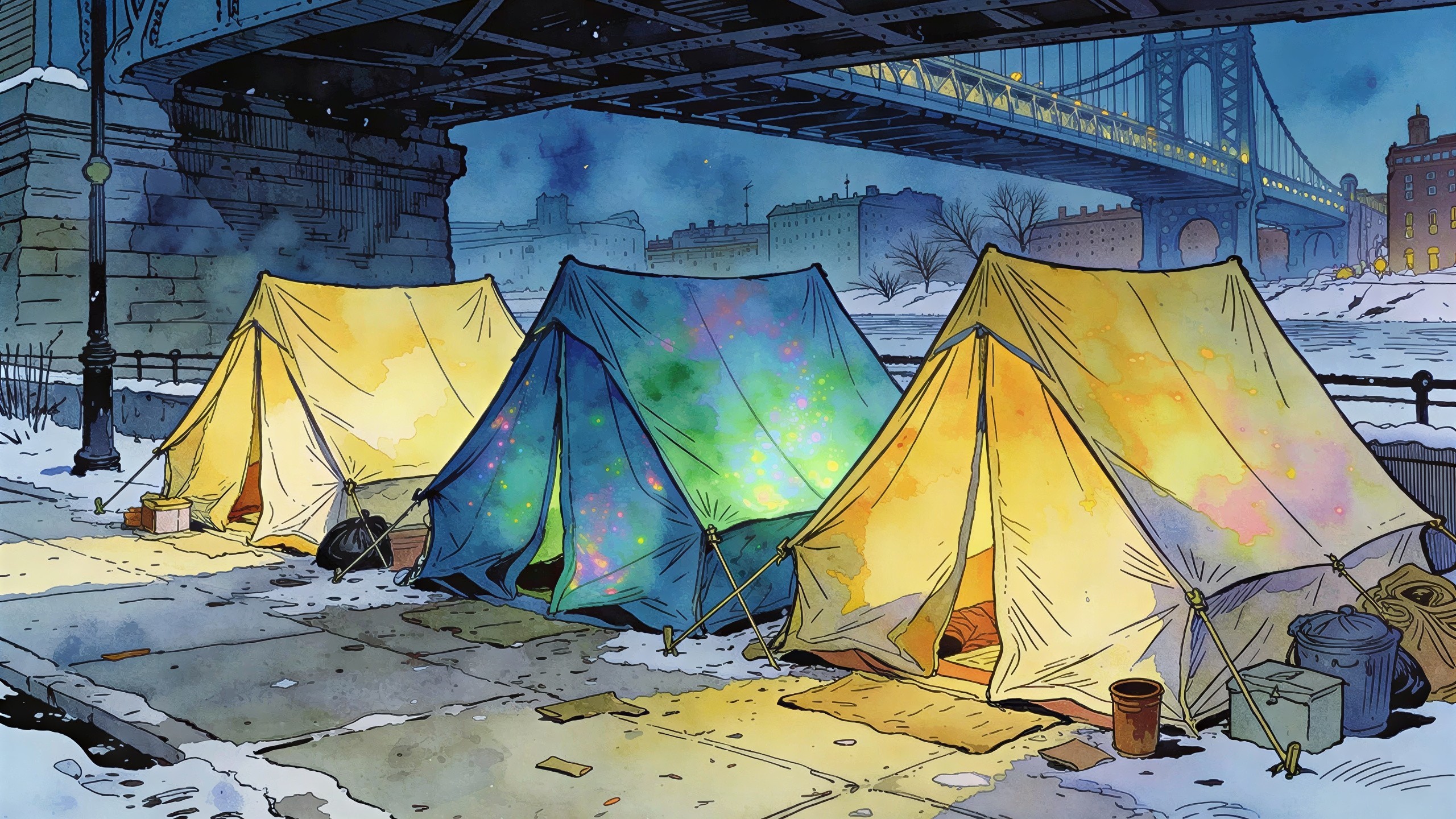 Watercolor Painting of Tents Under Bridge at Night