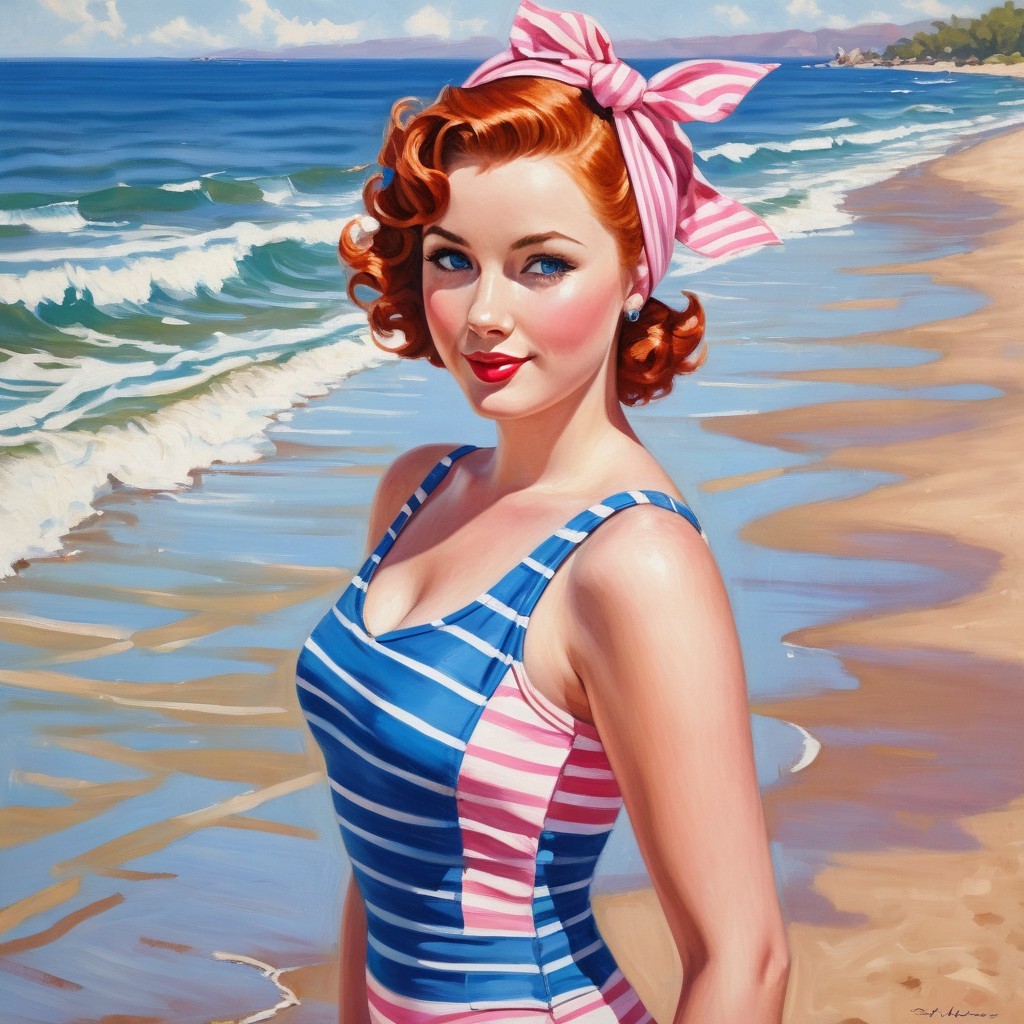 Vintage Illustration of Woman on Beach in Swimsuit