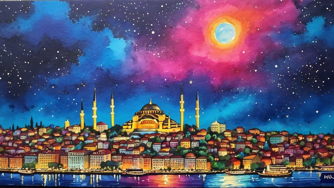 Vibrant Night Scene of Istanbul with Mosque Silhouette