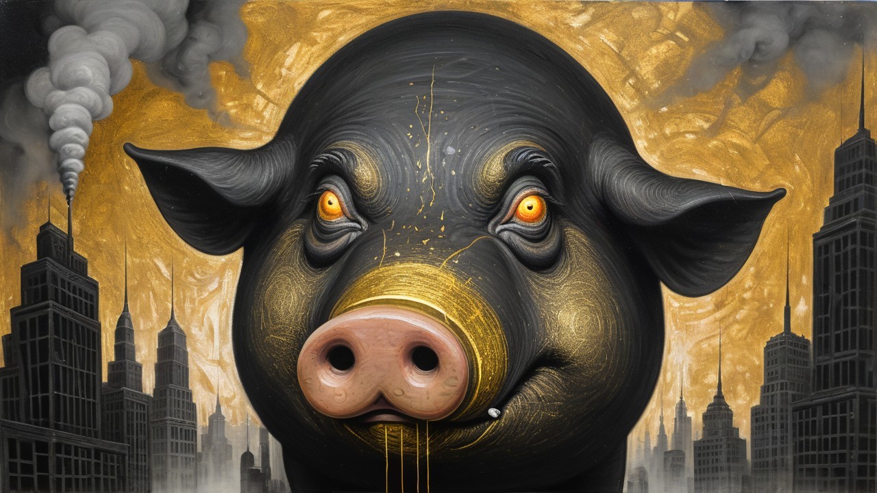 Black Pig with Orange Eyes in Urban Skyscraper Scene