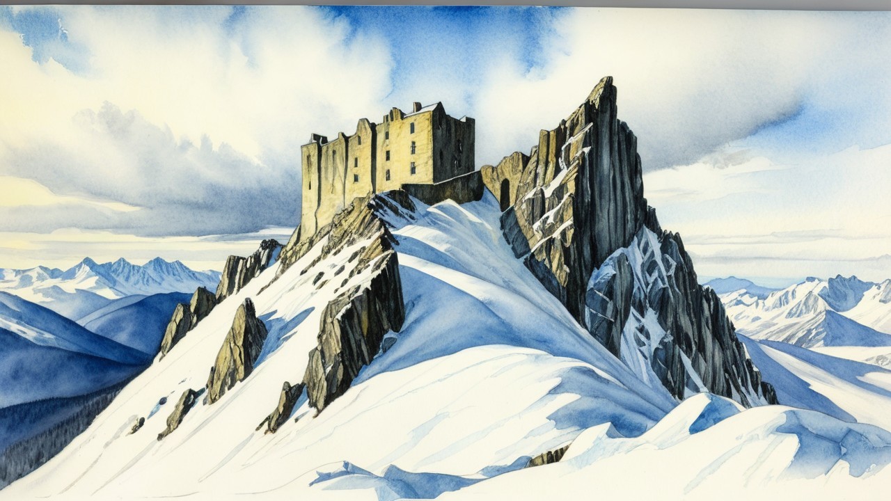 Castle on Snowy Mountain Peak with Dramatic Cliffs