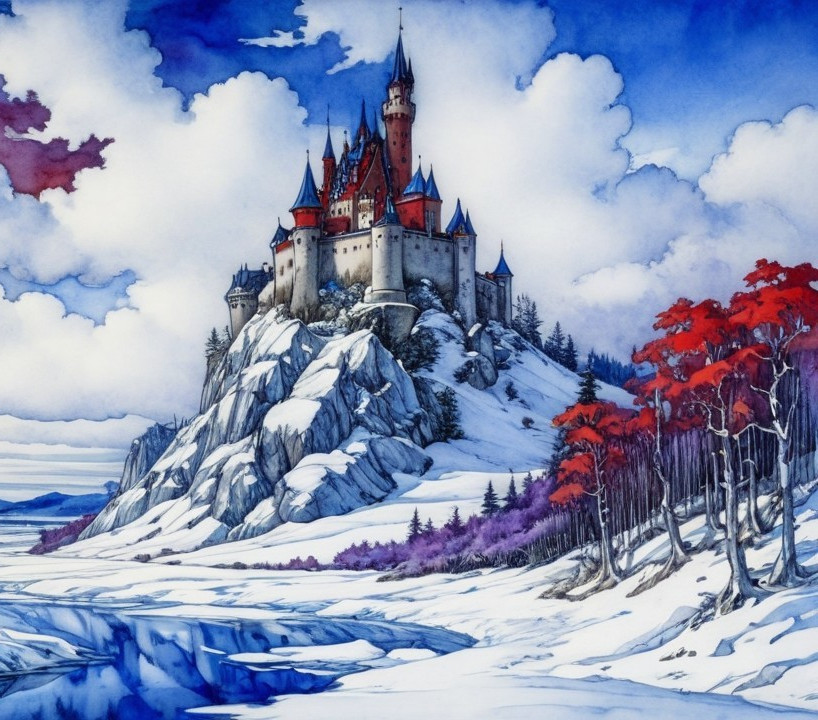 Castle on Rocky Hill in Winter Wonderland Landscape