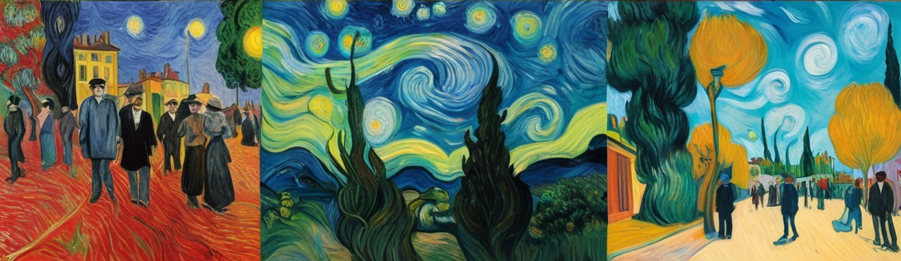 Vibrant Triptych of Swirling Landscapes in Bright Colors