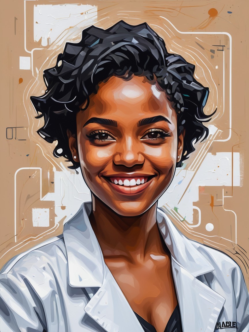 Young Woman in Lab Coat Against Abstract Background