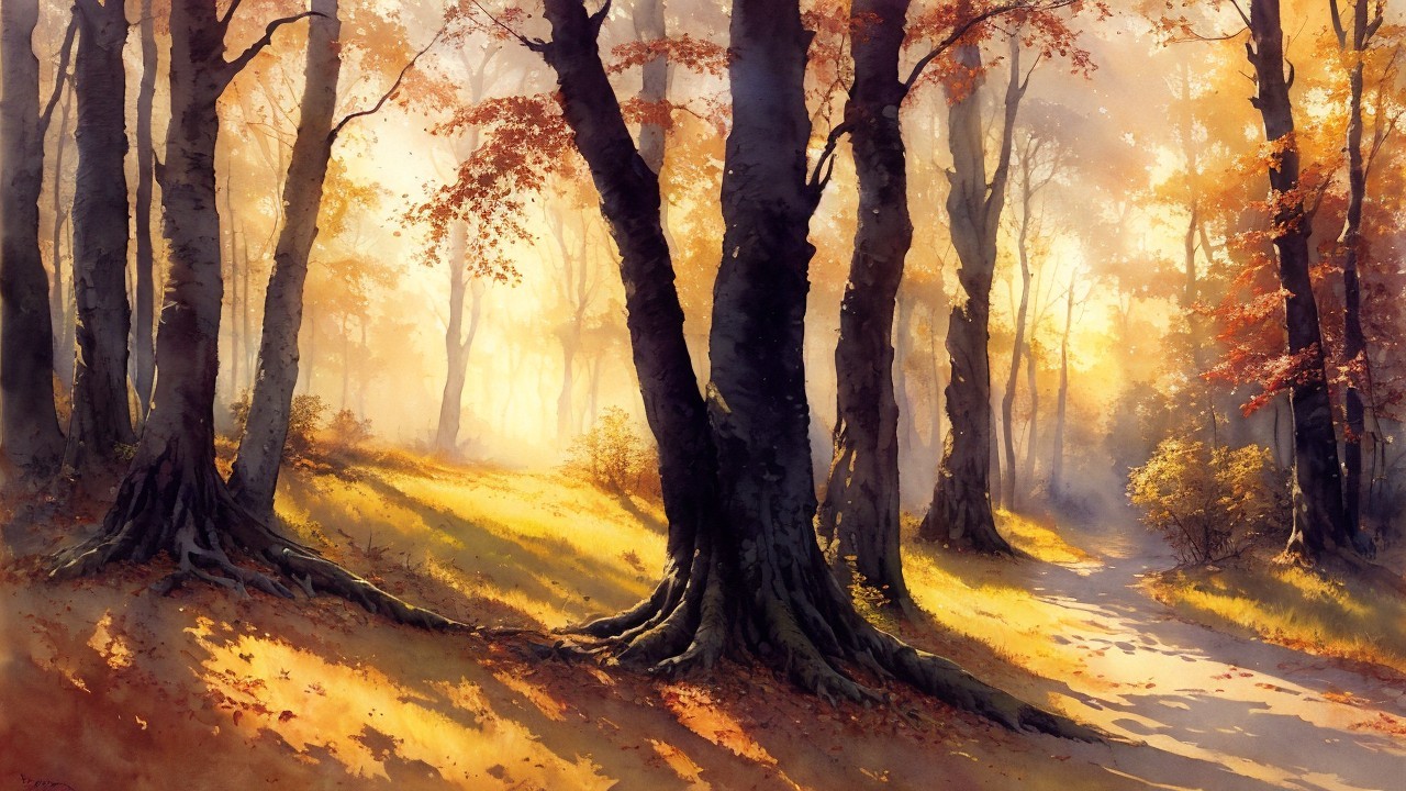 Serene Autumn Forest Scene with Golden Light