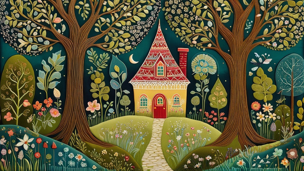 Cozy House Surrounded by Trees and Starry Sky