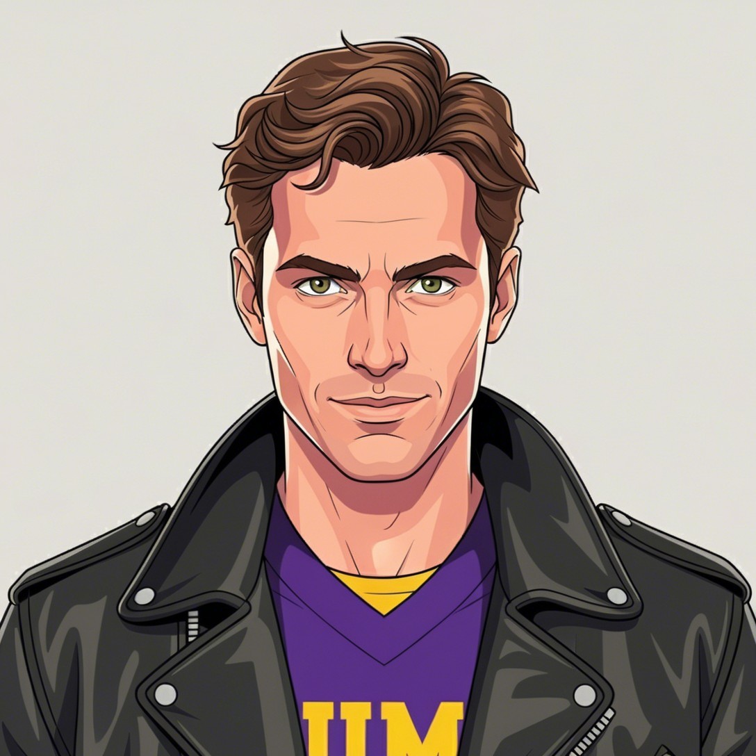 Confident Young Man in Leather Jacket and Purple Shirt