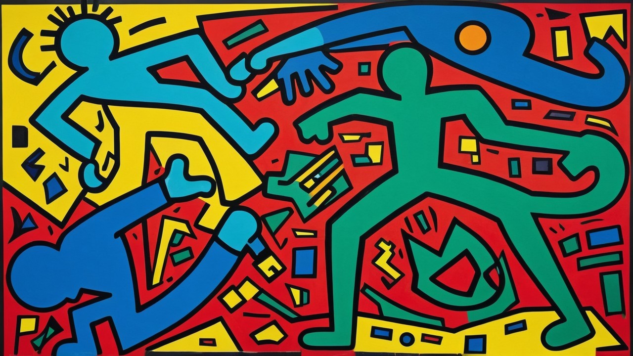 Vibrant Pop Art Painting with Dynamic Stick Figures